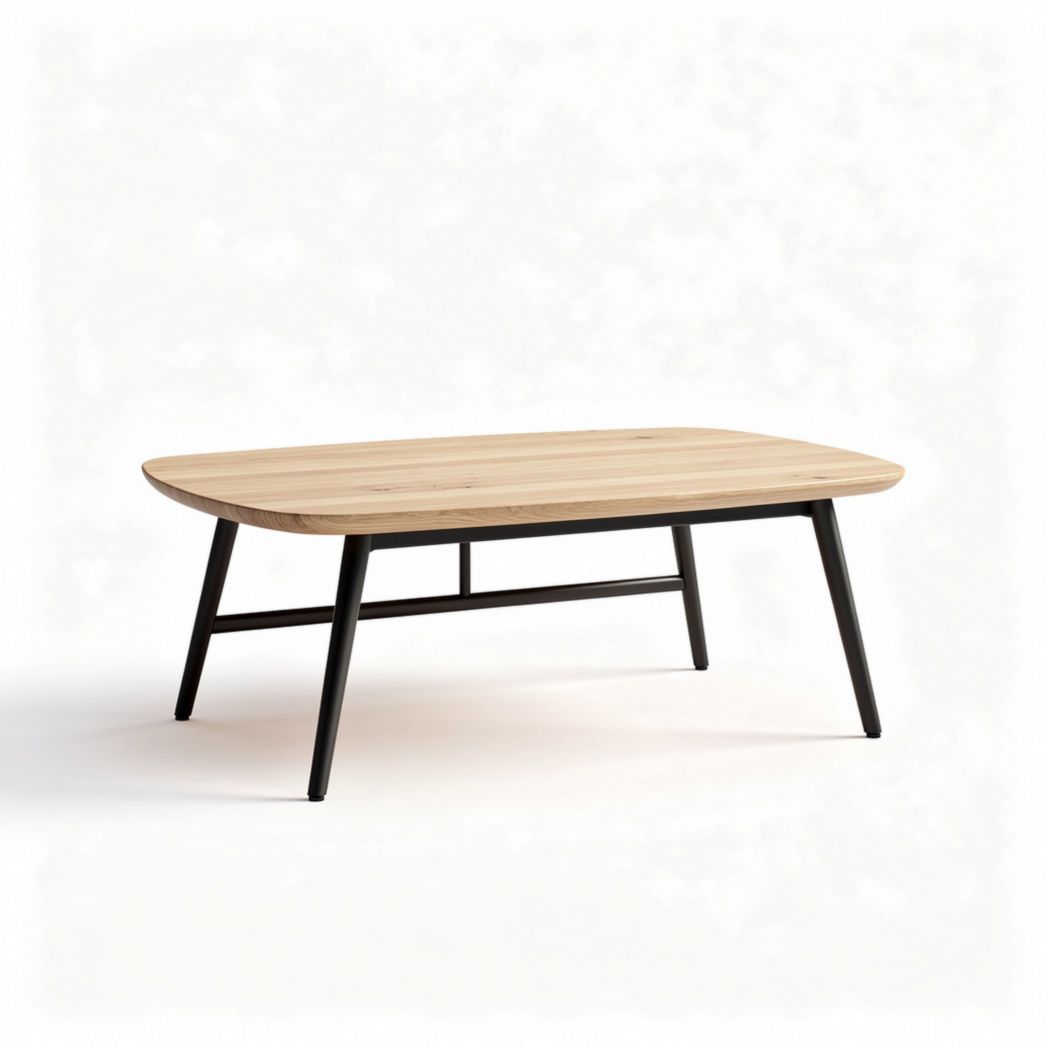 Mesa de centro retangular de madeira em tom natural e estrutura metálica 120 x 80 x 45cm