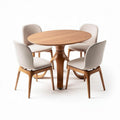 Conjunto de mesa redonda em madeira com quatro cadeiras estofadas em tecido bege 90 x 90 x 75cm