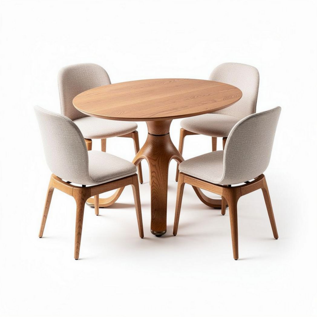 Conjunto de mesa redonda em madeira com quatro cadeiras estofadas em tecido bege 90 x 90 x 75cm