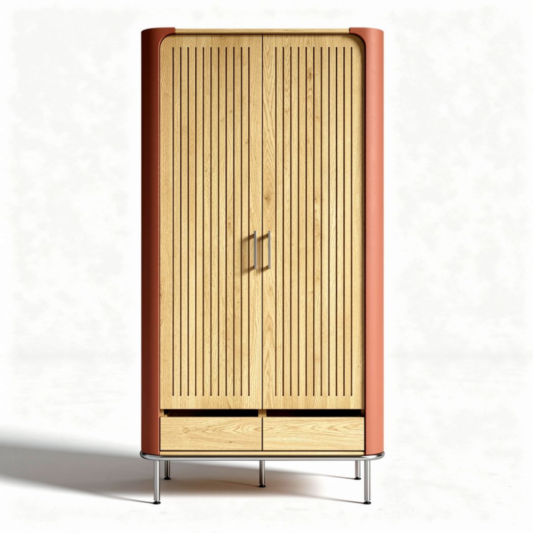 Armário de madeira em tonalidade clara com portas ripadas e base metálica 70 x 30 x 140cm
