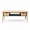 Mesa de centro em madeira clara com detalhes em preto e gavetas 120 x 60 x 45cm