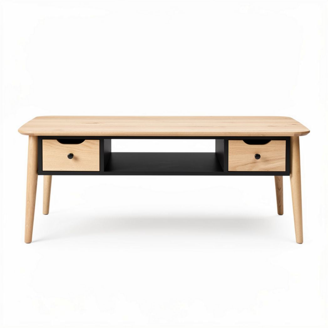 Mesa de centro em madeira clara com detalhes em preto e gavetas 120 x 60 x 45cm