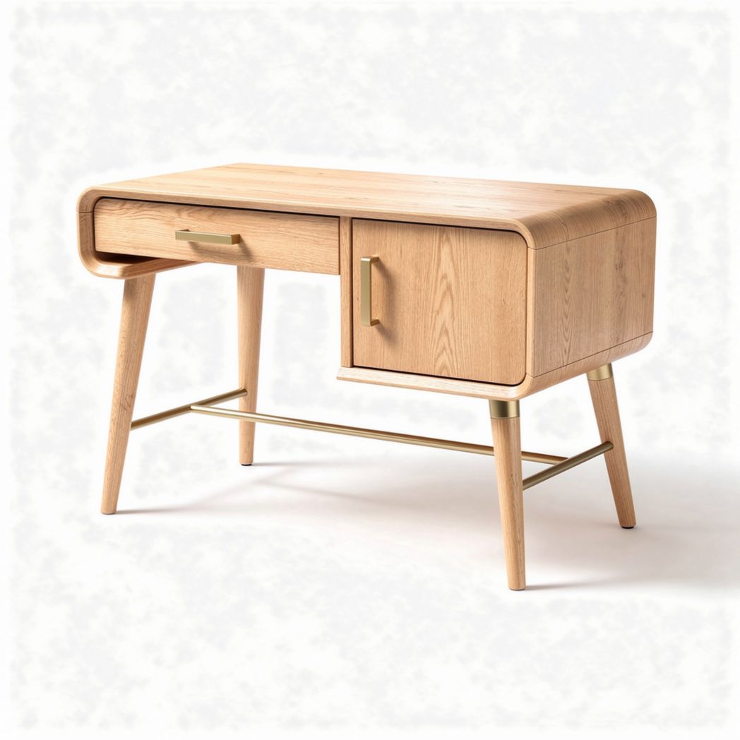 Mesa de escritório em madeira clara com puxador metálico e gaveta 120 x 60 x 75cm