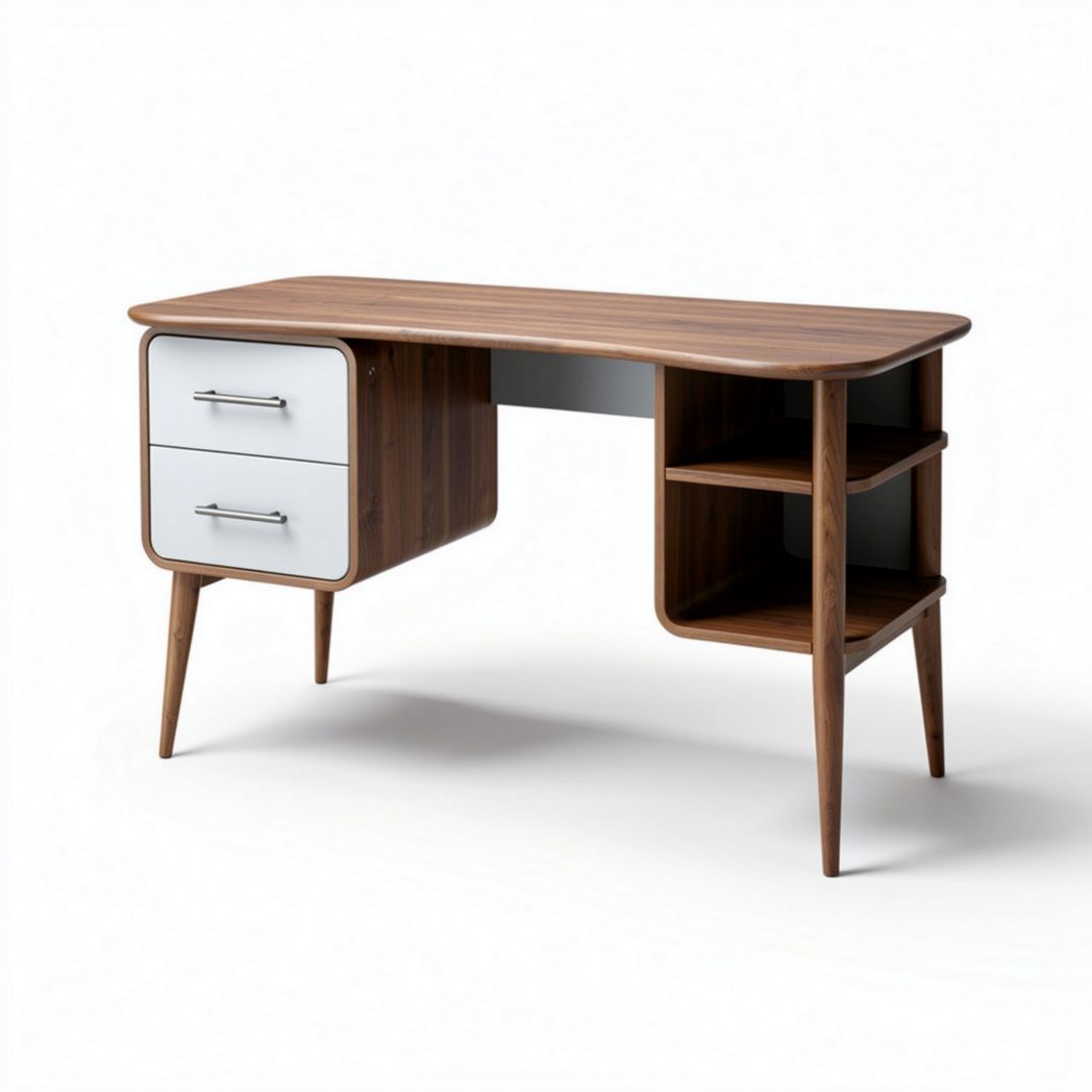 Mesa de escritório em madeira e branco com prateleiras e gavetas 120 x 60 x 75cm
