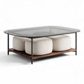 Mesa de centro retangular com tampo de vidro e base em madeira 120 x 80 x 40cm