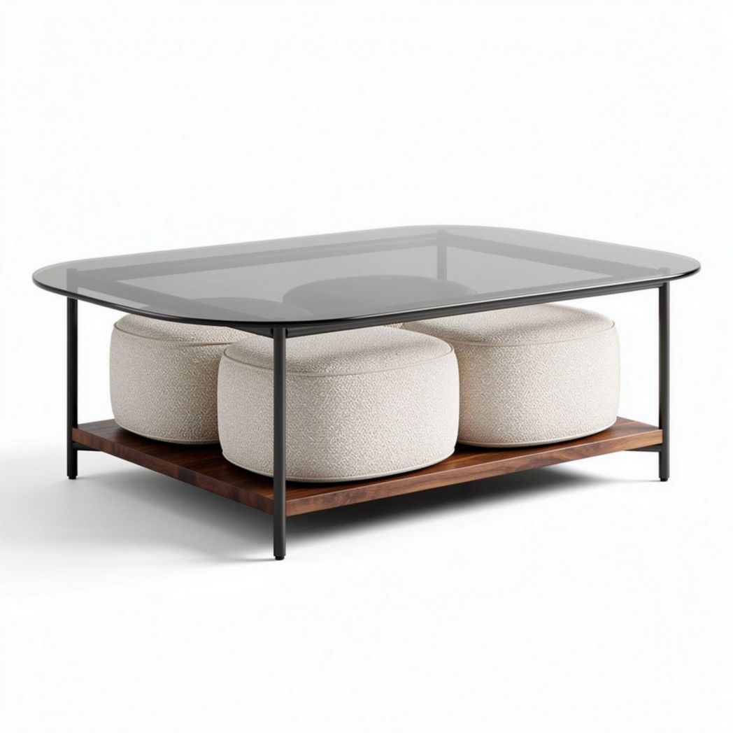 Mesa de centro retangular com tampo de vidro e base em madeira 120 x 80 x 40cm
